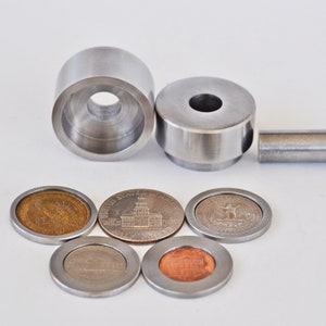 Steel Coin Ring Tool Set SPACERS for 5 US COINS Center Punch Hole 1/2 puncher Penny, Nickel, Quarter, Half Dollar, Presidential One Dollar image 4
