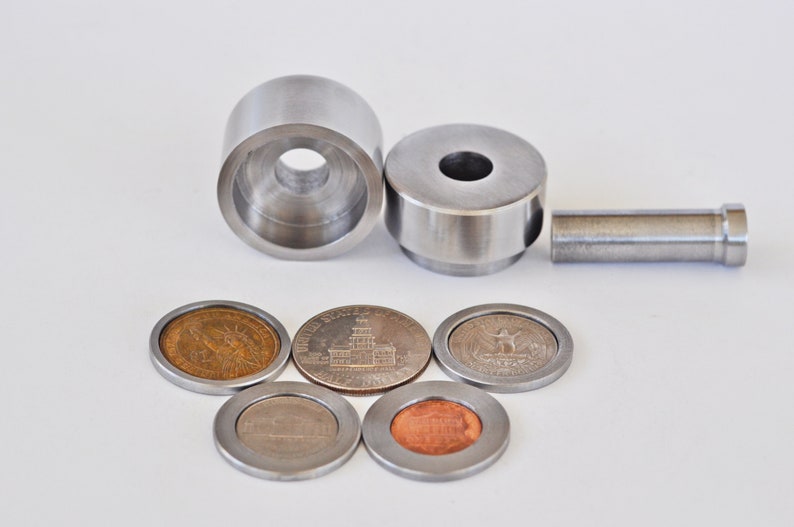 Steel Coin Ring Tool Set SPACERS for 5 US COINS Center Punch Hole 1/2 puncher Penny, Nickel, Quarter, Half Dollar, Presidential One Dollar image 4