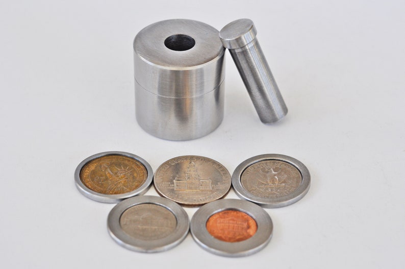 Steel Coin Ring Tool Set SPACERS for 5 US COINS Center Punch Hole 1/2 puncher Penny, Nickel, Quarter, Half Dollar, Presidential One Dollar image 7