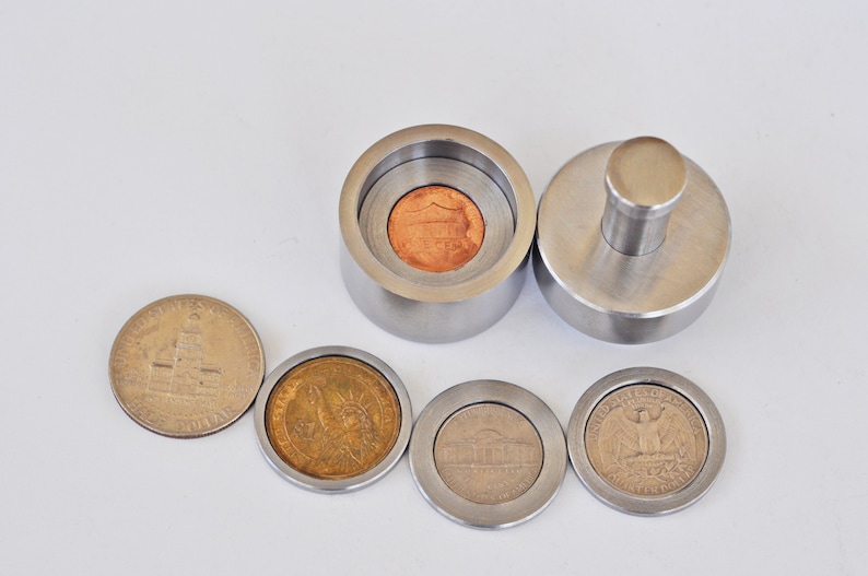 Steel Coin Ring Tool Set SPACERS for 5 US COINS Center Punch Hole 1/2 puncher Penny, Nickel, Quarter, Half Dollar, Presidential One Dollar image 6