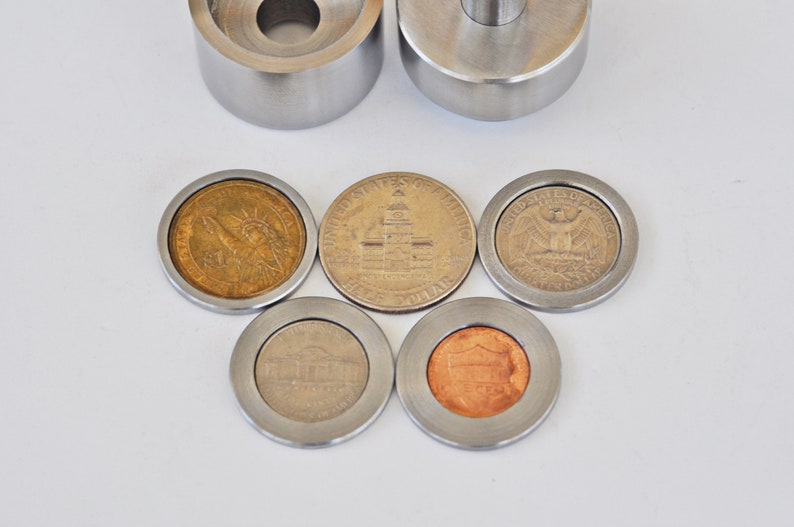 Steel Coin Ring Tool Set SPACERS for 5 US COINS Center Punch Hole 1/2 puncher Penny, Nickel, Quarter, Half Dollar, Presidential One Dollar image 3