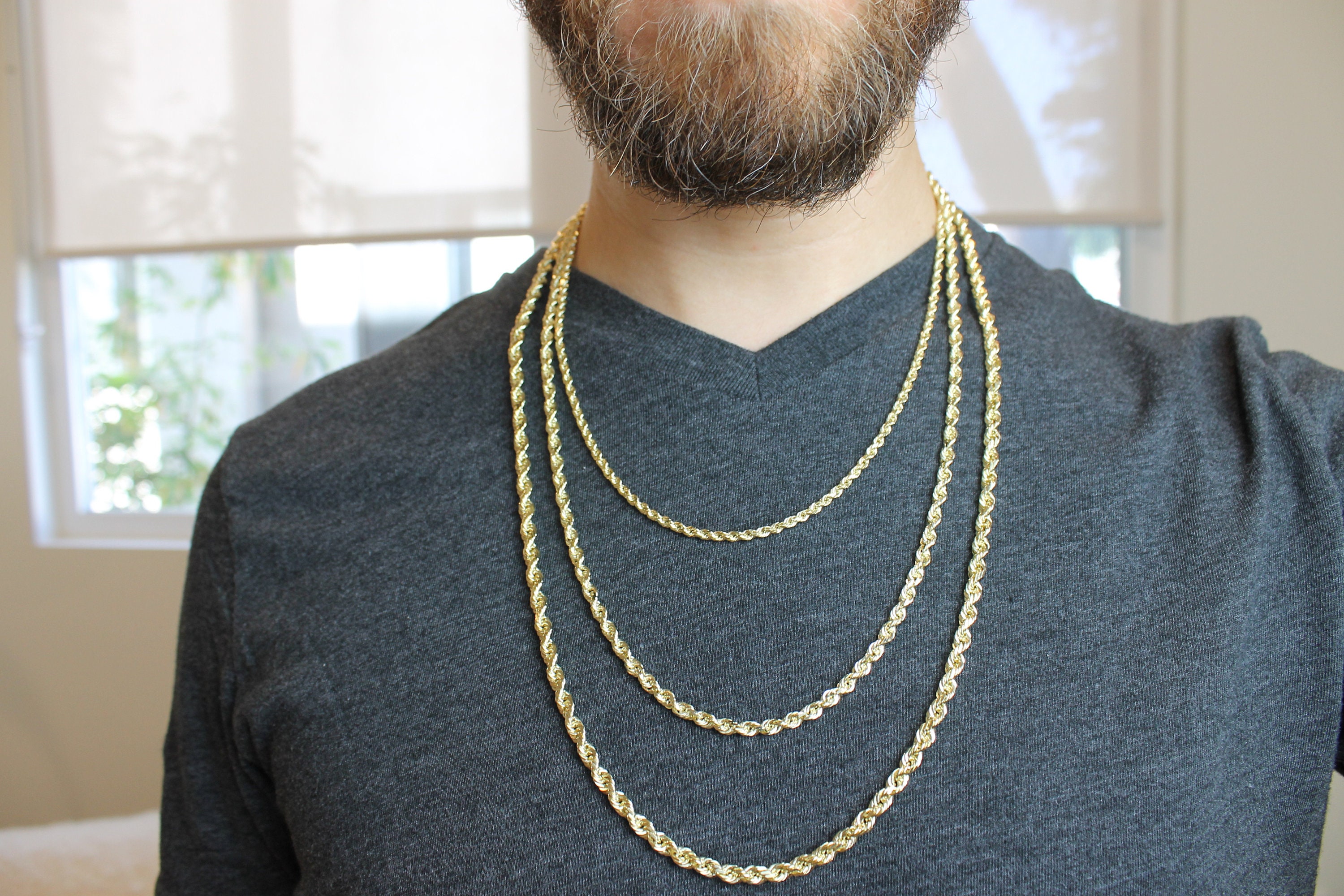Real Gold 14K Rope Chain, 4mm Thick Rope Chain, Mens Long Layering