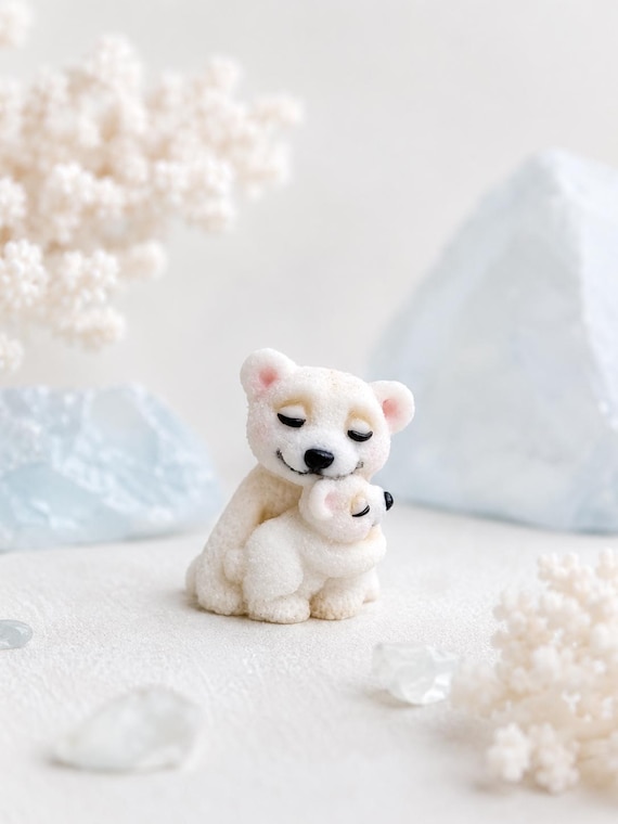 Handmade Polymer Clay Polar Bear Mother and Baby Figurine, Arctic