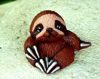 Handmade Polymer Clay Mini Sloth Figurine, Tiny Plant Buddy, Desk Decor, Fairy Garden Miniature