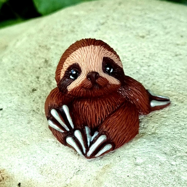 Handmade Polymer Clay Mini Sloth Figurine, Tiny Plant Buddy, Desk Decor, Fairy Garden Miniature