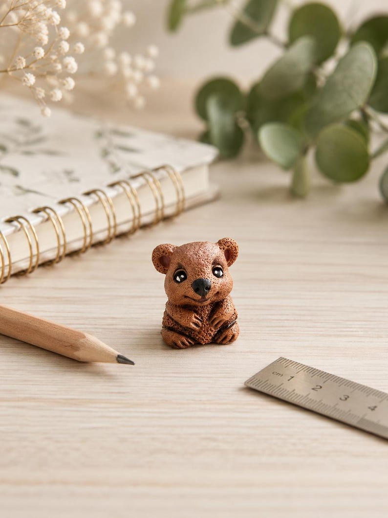 May include: A small, brown, textured figurine of a quokka with large black eyes and a smiling expression. The figurine is positioned next to a wooden pencil and a metal ruler that shows a measurement of approximately 3 centimetres in length.