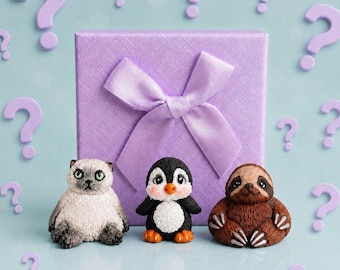 Handmade Miniature Animal Surprise Box, Polymer Clay Desk Pet Figurine