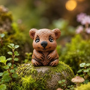 May include: A small, brown, textured figurine of a quokka with large, dark, glossy eyes and a rounded nose. The creature is depicted in a seated position with its front paws resting against its chest, featuring a smooth, smiling facial expression.