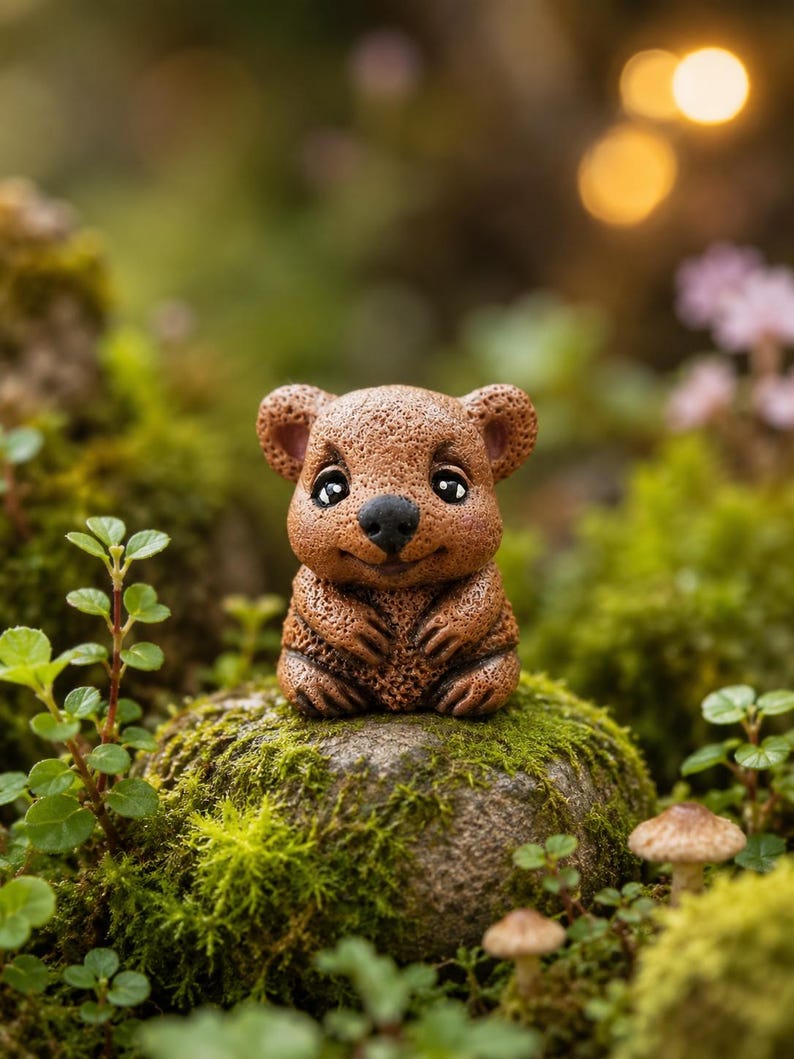 May include: A small, brown, textured figurine of a quokka with large, dark, glossy eyes and a rounded nose. The creature is depicted in a seated position with its front paws resting against its chest, featuring a smooth, smiling facial expression.