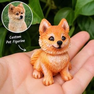 May include: A miniature, orange dog figurine with a fluffy coat, black eyes, and a smiling expression. The figurine is held in a person's hand. The image includes a circular photo of a similar dog and the text "Custom Pet Figurine."