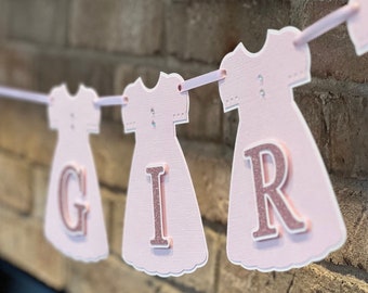 Baby Girl Dress Banner: Pink Glitter Letters, Rhinestone Accents