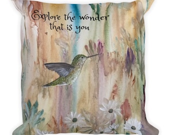 Hummingbird Inspirational Art Print On Pillow, Original Artwork, Abstract Wildflowers And Hummingbird, Accent Pillow, 18 x 18