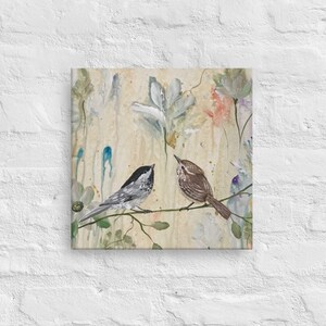 Bird Art Print On Canvas, Unique Gift For Bird Lover, Birds And Wildflowers Abstract Original Wall Art