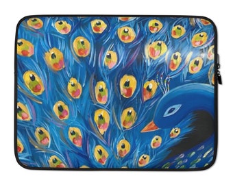 Peacock Art Laptop Sleeve, Beautiful Bold Colorful Original Peacock Art, Laptop Case Featuring Lisa Kirwan Art, Shipping Included