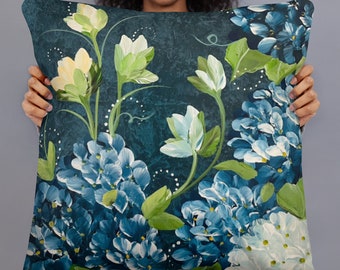 Blue Hydrangea Accent Pillow Decorative Art Pillow, Blue Hydrangea Art Print Pillow Cottage Home Decor Pillow Gift