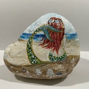 Mermaid Painted Rock, Mermaid On The Beach Hand Painted Stone, Unique And One Of A Kind Gift, Soul Of A Mermaid Painted Table Art