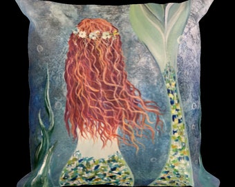 Mermaid Throw Pillow, Accent Pillow Mermaid Design, Mermaid Art Print Pillow 18 x 18