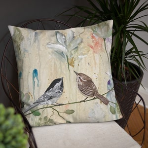 Wildflowers, Sparrow And Finch Accent Pillow, Abstract Artful Gift Or Unique Addition To Your Own Space, 22&quot; x 22&quot;