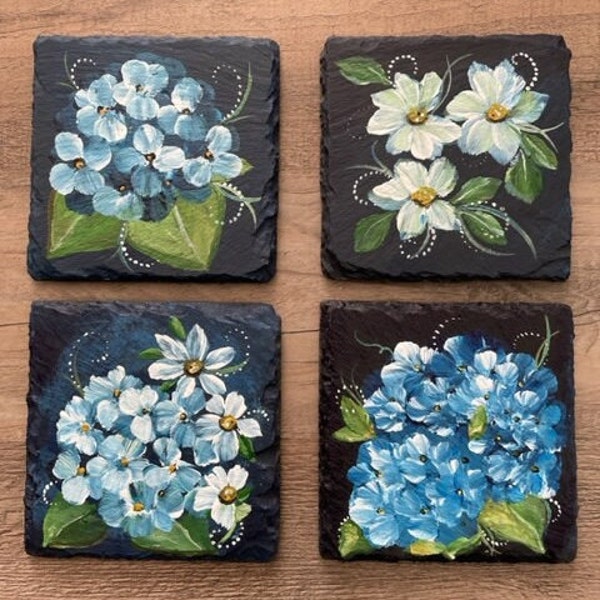 Slate Coasters Hand Painted Gift Set  Assorted Floral Hydrangea Daisy Design, Floral Cottage Decor, Custom Painting Available