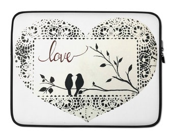 Unique Love Birds Art Laptop Sleeve,  Vintage Inspired  Design, 13 And 15 Inch Laptop Cases, Great Love Gift