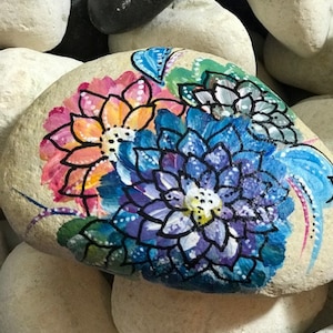Painted Rocks, Boho Style Painted Rocks, Unique Flowers Painted On Rocks, Custom Painting For Rocks, Can Be Personalized For Any Occasion