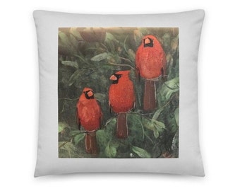 Cardinal Art Print Pillow, Artistic Accent Pillow With Cardinals, Bird Art On Throw Pillow, 18 x 18