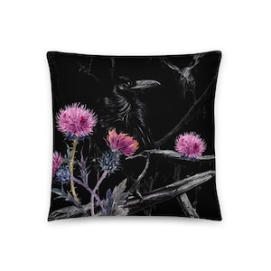Moonlit Raven  Goth Home Decor Accent Pillow, Black Raven Bird Purple Thorny Flower Decorative Pillow, Raven Lovers Gift