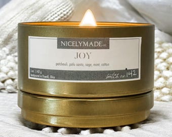 JOY Scented Candle: Patchouli, Palo Santo, Sage, Mint
