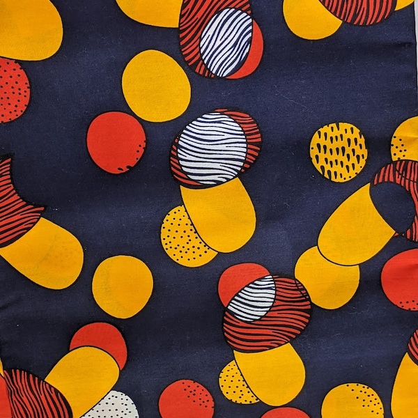 Red, Orange & White Artistic Balls and Pebbles on  Navy Blue Ankara African Wax Print Fabric