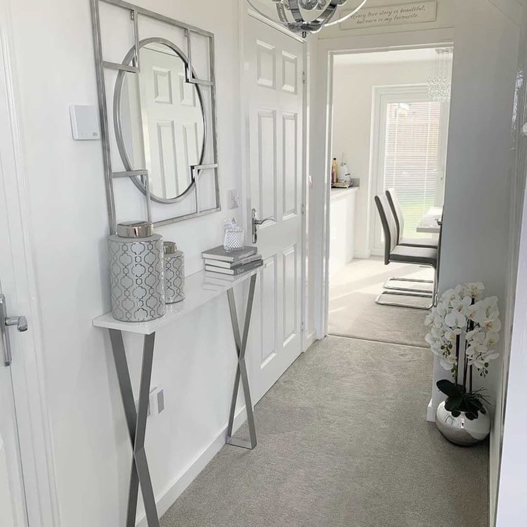 CONSOLE TABLE High Quality White Gloss Top With Silver X legs
