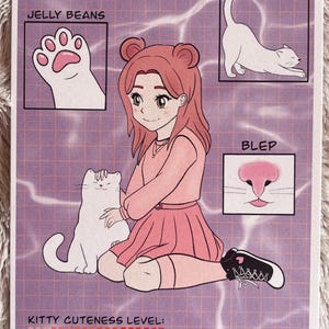 Kawaii Cat Art Print - Kitty Cuteness Art Print - 5&quot;X7&quot; Hand Drawn Illustration - Girl with Cat Art - Cat Print