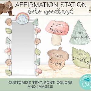 Affirmation Station | Elementary Classroom Decor Bundle | Boho Woodland Theme | Editable | Minimalist | Forest Theme