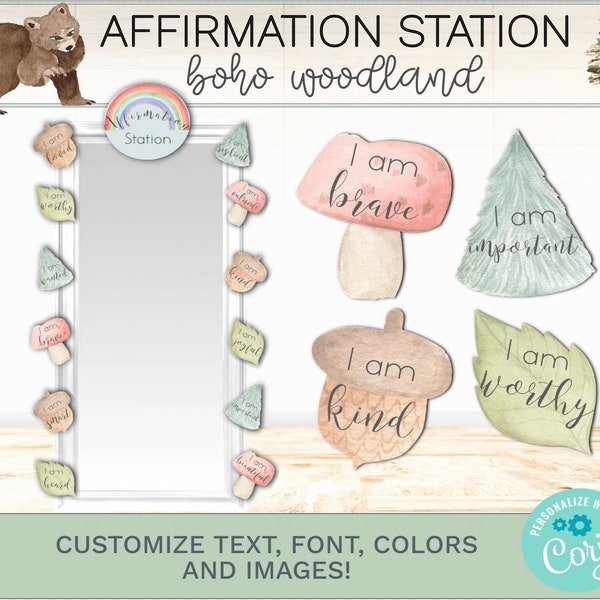 Affirmation Station | Elementary Classroom Decor Bundle | Boho Woodland Theme | Editable | Minimalist | Forest Theme