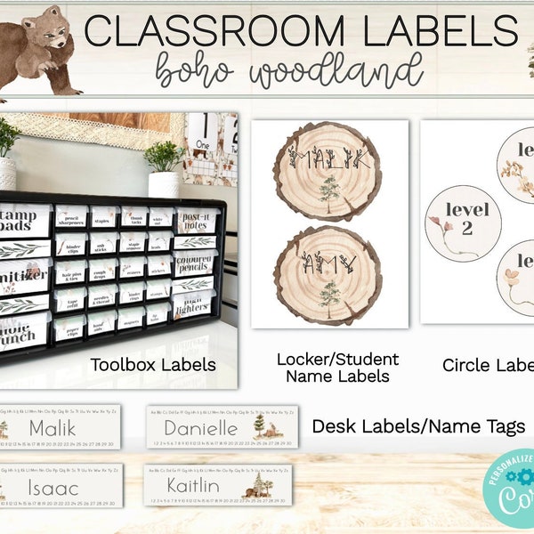 Class Labels | Elementary Classroom Decor Bundle | Teacher Toolbox | Boho Woodland Theme | Editable | Minimalist | Neutral | Rolling Cart