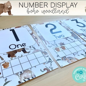 Cartes d'affichage de nombre | Lot de décors de classe élémentaire | Thème Boho Woodland | Modifiable | Minimaliste | Neutre