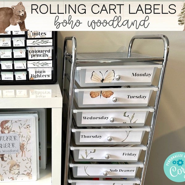Rolling Cart Labels | Elementary Classroom Decor Bundle | Boho Woodland Theme | Editable | 10 Drawer | Minimalist