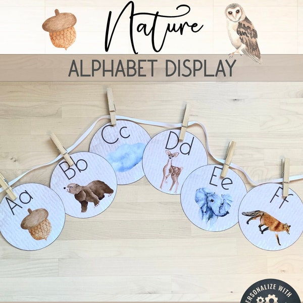 Alphabet Posters | Classroom Poster Set Elementary | Watercolor Nature Theme | Animal Theme | Editable | Circular | Minimalist | Neutral