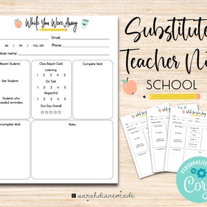 Substitute Teacher Note Feedback Form | Template | While You Were Away/Out Substitute Form | Minimalist | Digital Download | School Theme