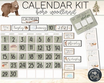 Calendar | Elementary Classroom Decor Bundle | Boho Woodland Theme | Editable | Minimalist