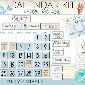 Kalender | Elementare Klassenzimmer Ocean Decor Bundle | Unter dem Meer-Thema | Bearbeitbar | Neutral