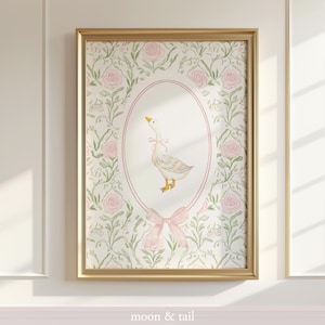 Vintage Goose Nursery Print | Coquette Baby Girl Wall Art | Pink Bow Printable Nursery Decor | Floral Goose Art | Cottagecore Baby Room