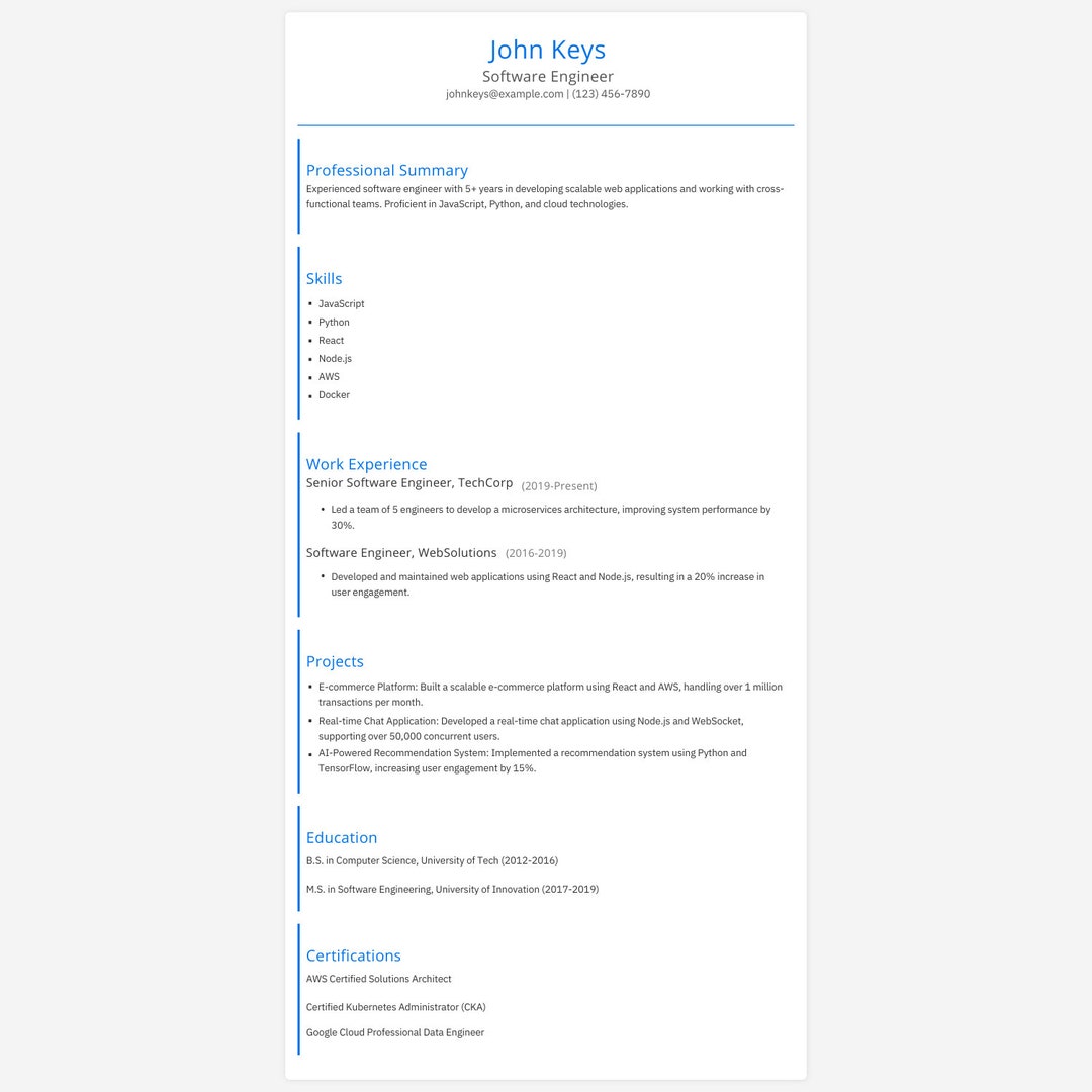 Customizable Resume/cv Template for Software Engineers Html and CSS ...