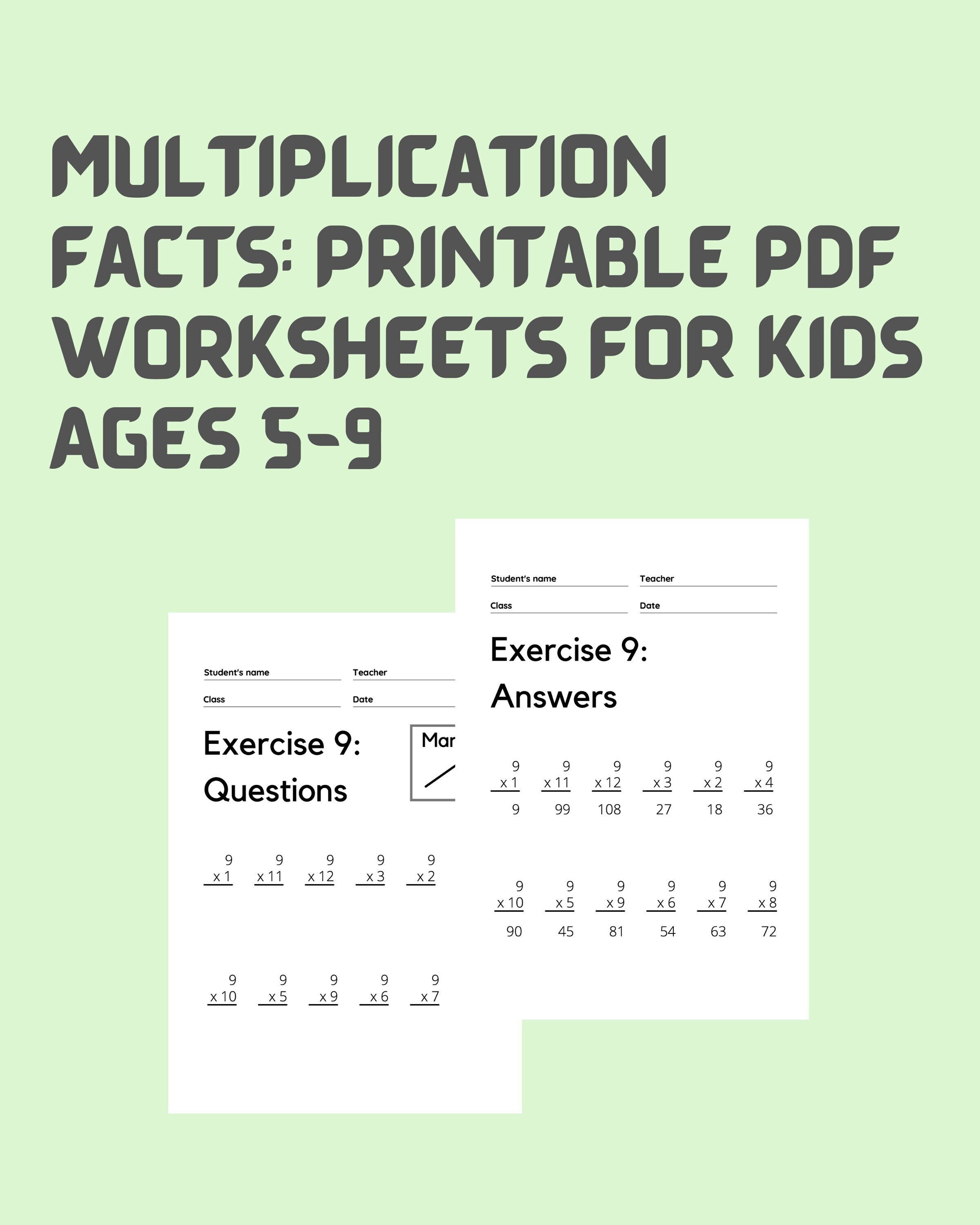 multiplication facts printable pdf worksheets for kids ages etsy