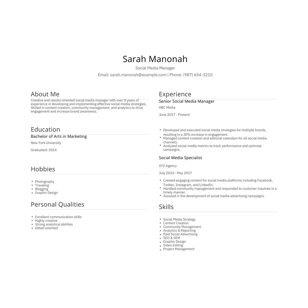 Customizable HTML & CSS Resume Template for Social Media Managers ...