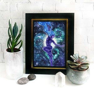 Star Goddess Altar Print / Celestial dancing purple maiden / spiral galaxy guardian / nature goddess art