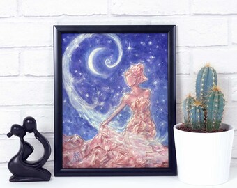 Crystal Goddess Print / crescent moon magic with rose quartz for reiki healers and white witches / nature goddess art