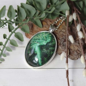 Faery of the Green silver fairy necklace /  miniature faerie print hand crafted with glitter, magical elf druid witchy pagan gift