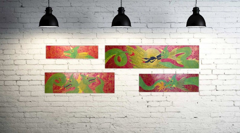 Original CHINESE DRAGON THEMED Acrylic on Paper Painting Signed by Artist 16 x 51 Free Expedited Shipping image 3