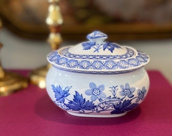 SPODE Blue and White Geranium - Sugar Bowl with Lid - Vintage - Trinket Box