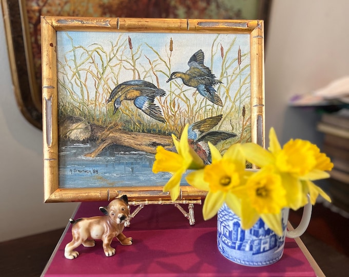 Featured listing image: M. E. Strutner - Original Painting in Gold Frame - 1984 - Ducks in Flight Over Pond - Cattails - Vintage